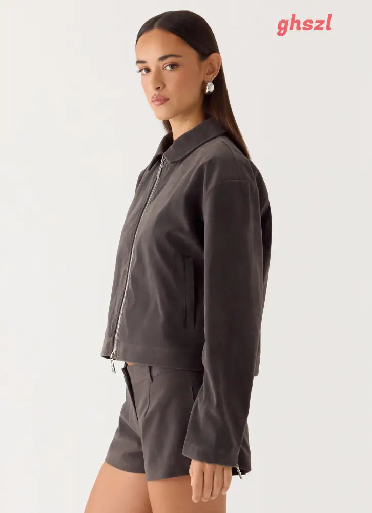 Austina Faux Suede Boxy Jacket - Tan Grey - Jackets + Coats