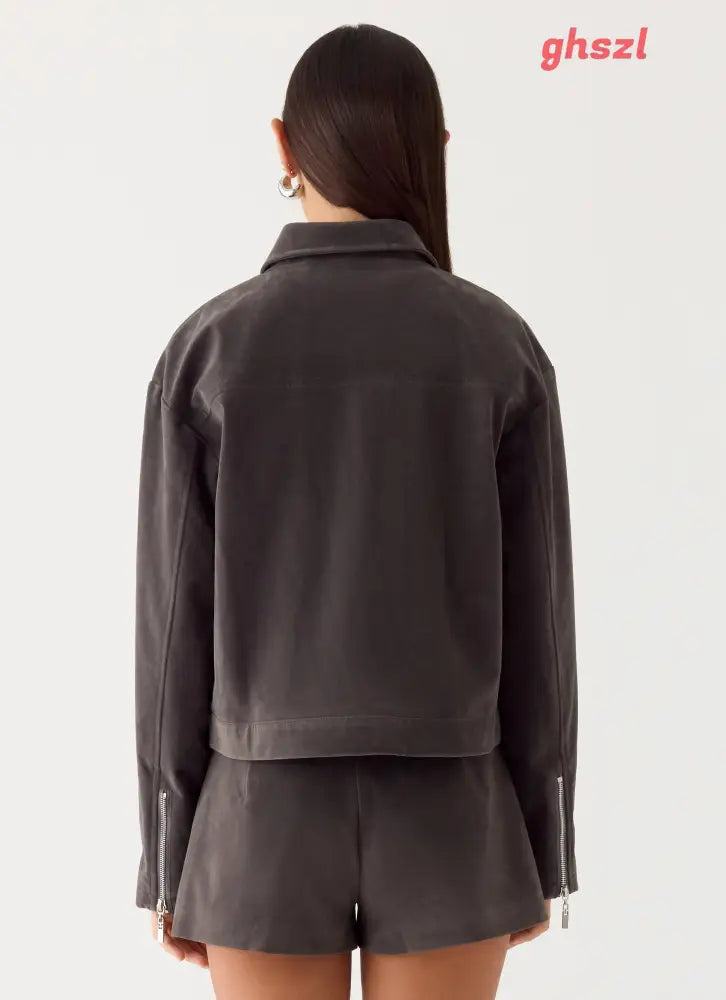 Austina Faux Suede Boxy Jacket - Tan Grey - Jackets + Coats