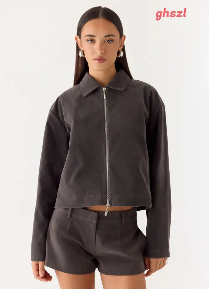 Austina Faux Suede Boxy Jacket - Tan Grey - Jackets + Coats