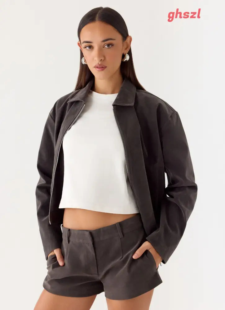 Austina Faux Suede Boxy Jacket - Tan Grey - Jackets + Coats