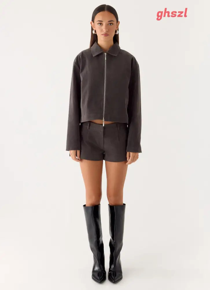 Austina Faux Suede Boxy Jacket - Tan Grey - Jackets + Coats