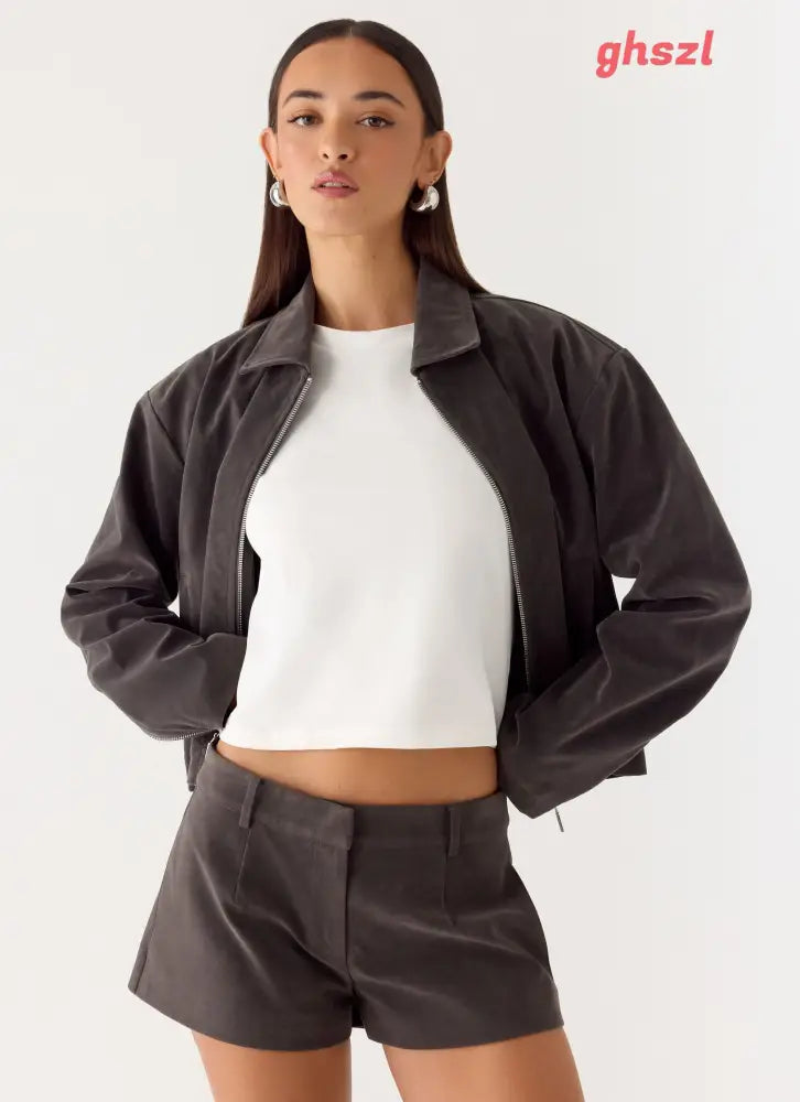 Austina Faux Suede Boxy Jacket - Tan Grey - Jackets + Coats