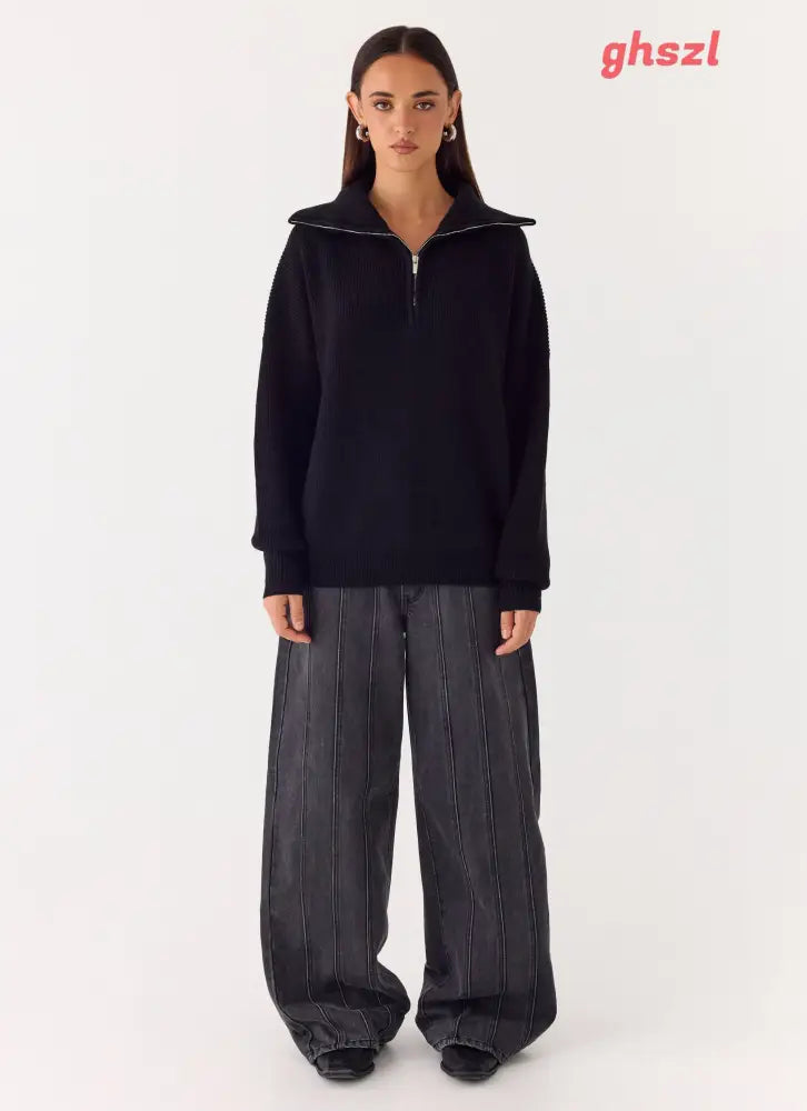 Eirena Quarter Zip Knit Sweater - Black - Jumpers + Knits