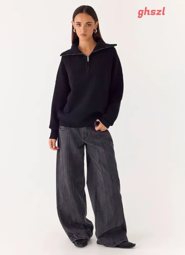 Eirena Quarter Zip Knit Sweater - Black - Jumpers + Knits
