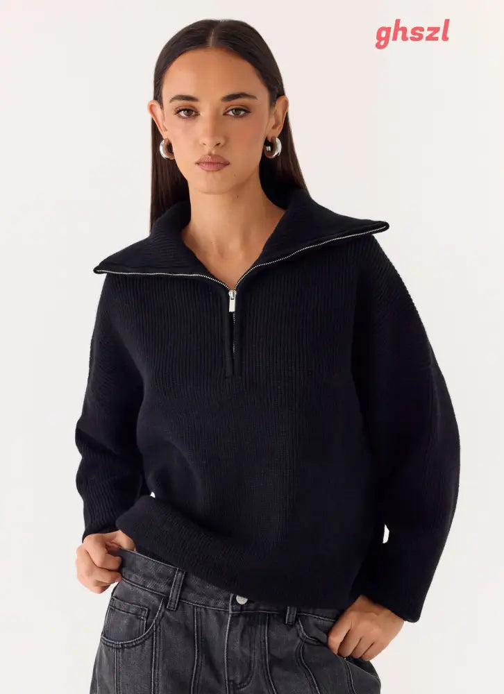 Eirena Quarter Zip Knit Sweater - Black - Jumpers + Knits