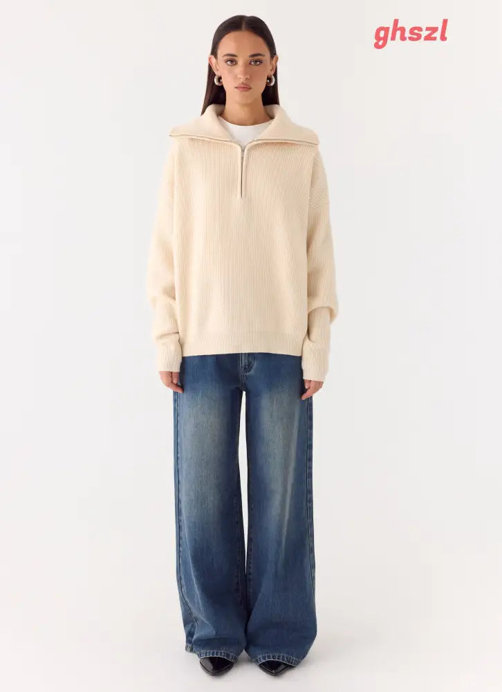Eirena Quarter Zip Knit Sweater - Cream - Jumpers + Knits