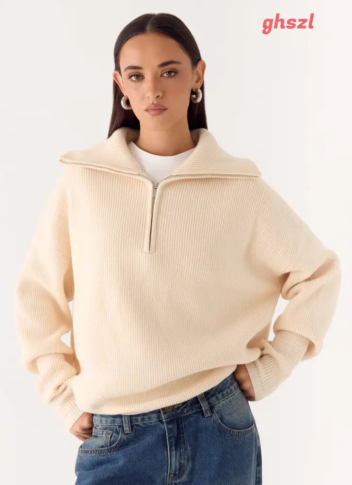 Eirena Quarter Zip Knit Sweater - Cream - Jumpers + Knits