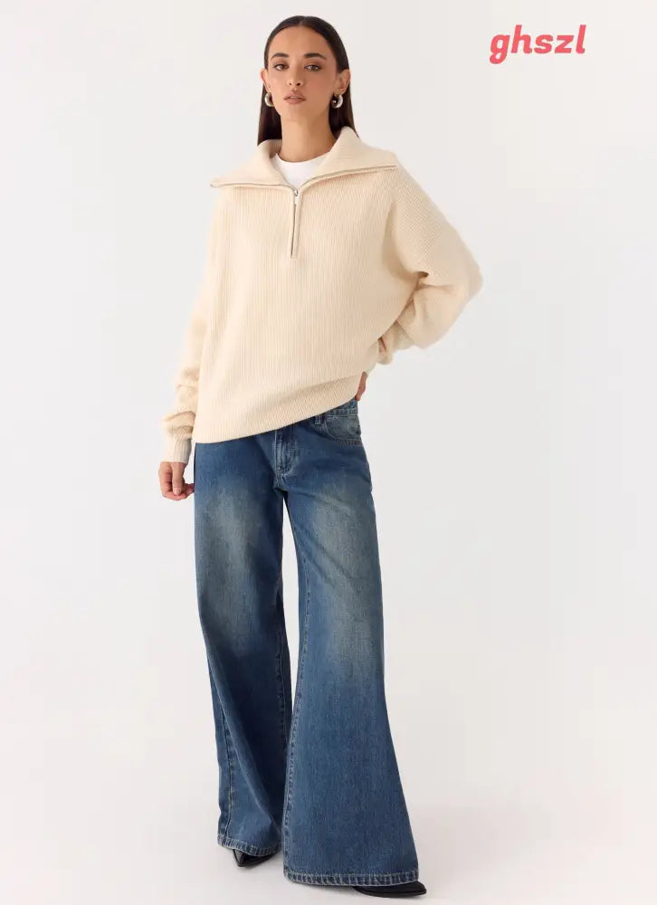 Eirena Quarter Zip Knit Sweater - Cream - Jumpers + Knits