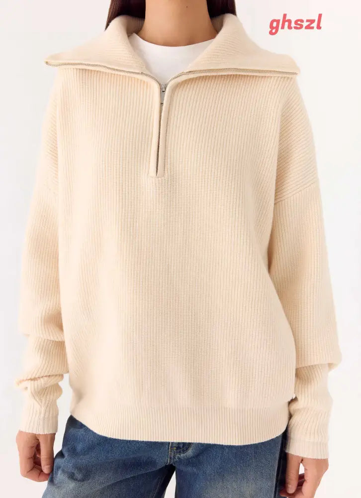 Eirena Quarter Zip Knit Sweater - Cream - Jumpers + Knits