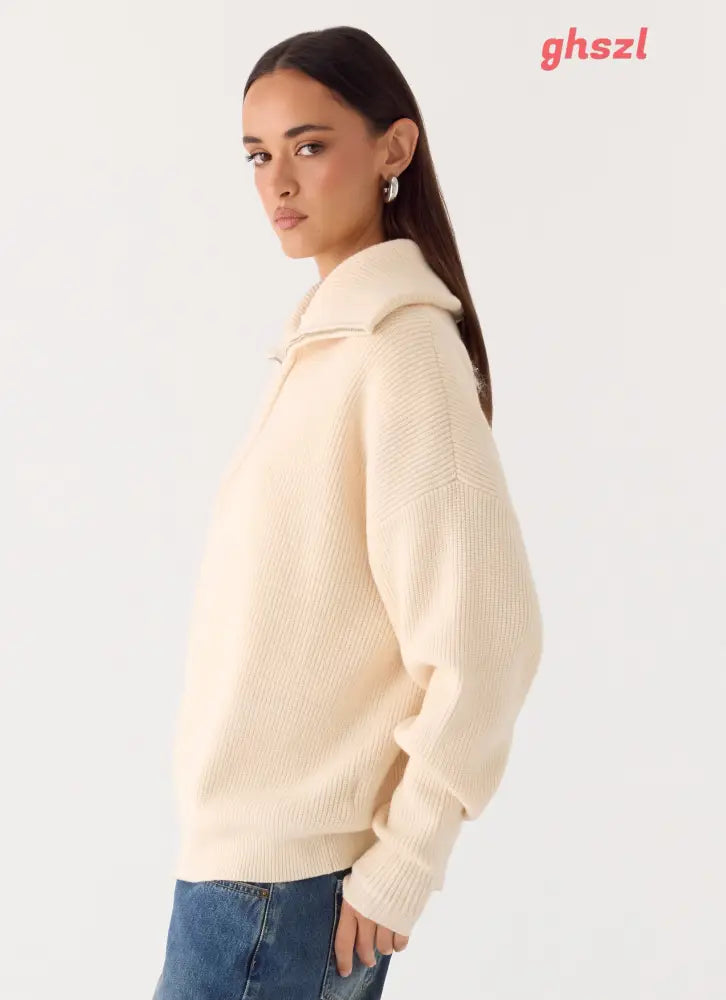 Eirena Quarter Zip Knit Sweater - Cream - Jumpers + Knits