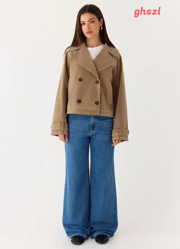 Evan Faux Suede Short Trench Jacket - Tan - Jackets + Coats