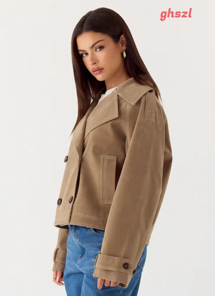 Evan Faux Suede Short Trench Jacket - Tan - Jackets + Coats