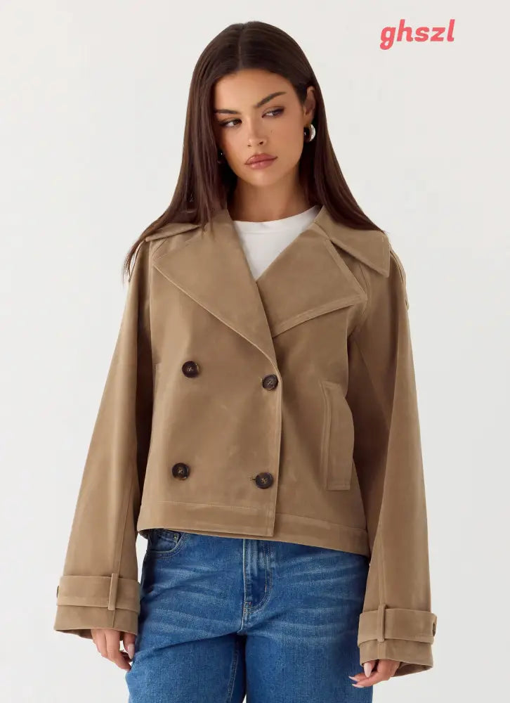 Evan Faux Suede Short Trench Jacket - Tan - Jackets + Coats