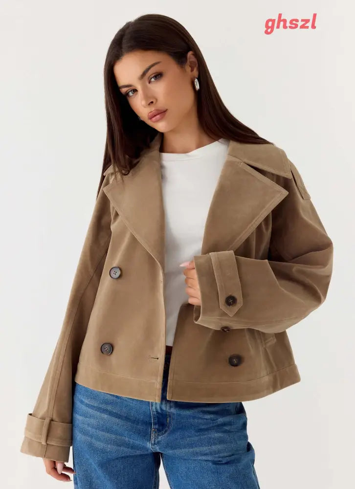 Evan Faux Suede Short Trench Jacket - Tan - Jackets + Coats