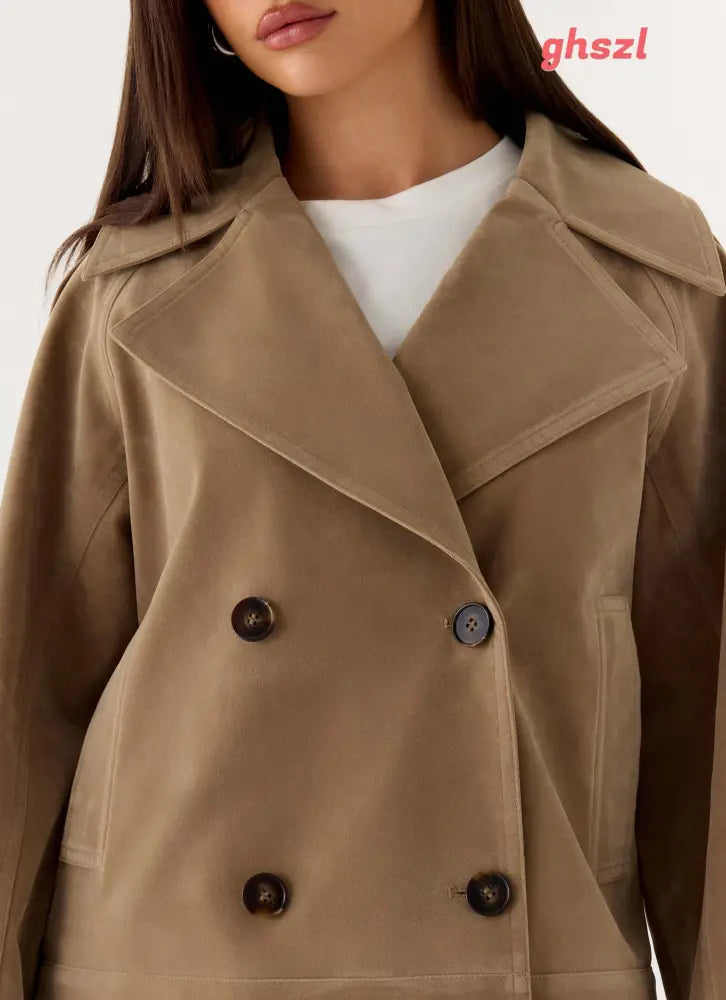 Evan Faux Suede Short Trench Jacket - Tan - Jackets + Coats