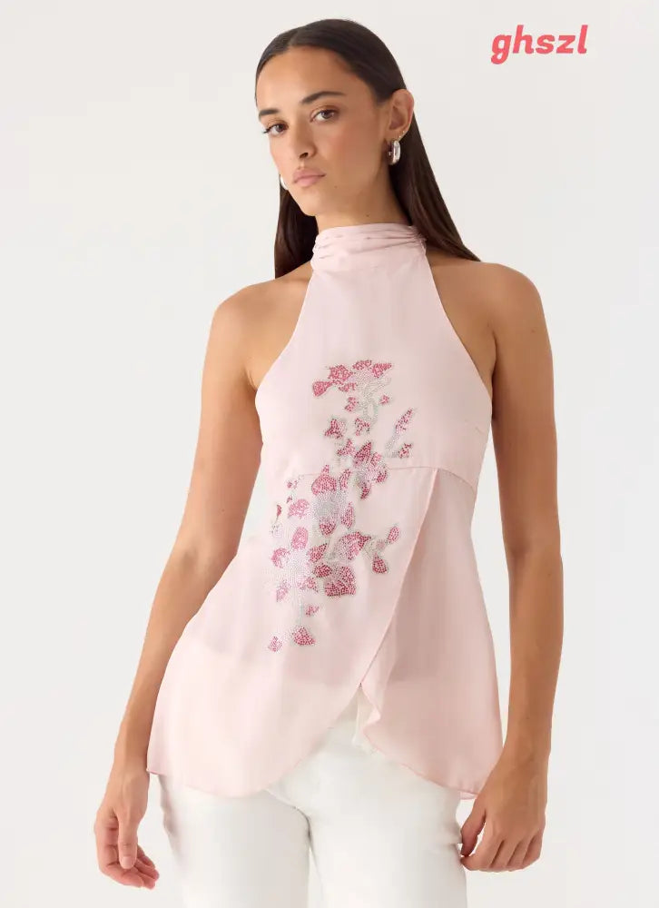 Flip It Embellished Top - Baby Pink - Halter Tops