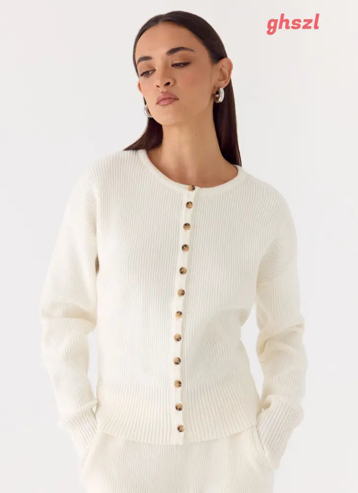 Harrison Cinched Knit Cardigan - Ivory - Jumpers + Knits