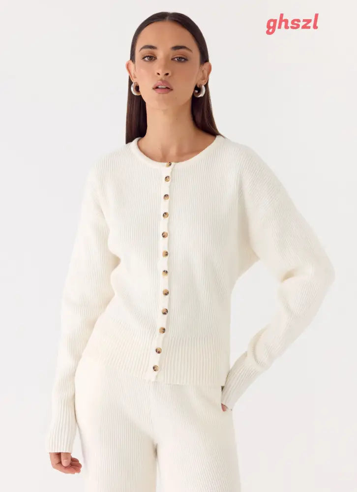Harrison Cinched Knit Cardigan - Ivory - Jumpers + Knits