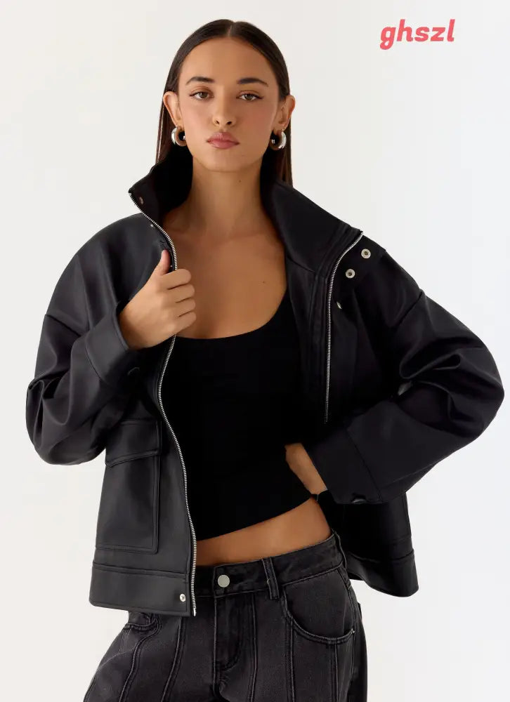 James PU Bomber Jacket - Black - Jackets + Coats