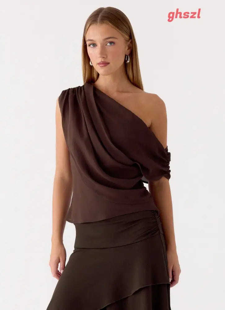 Kalais Top - Chocolate - One Shoulder Tops