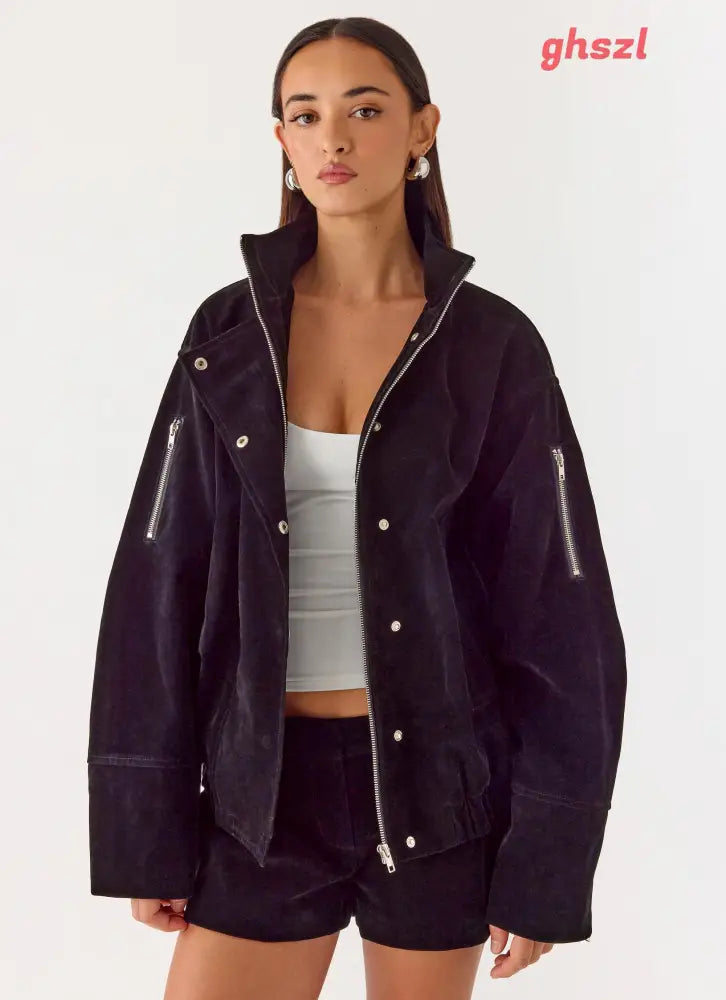 Marlow Faux Suede Jacket - Black - Jackets + Coats