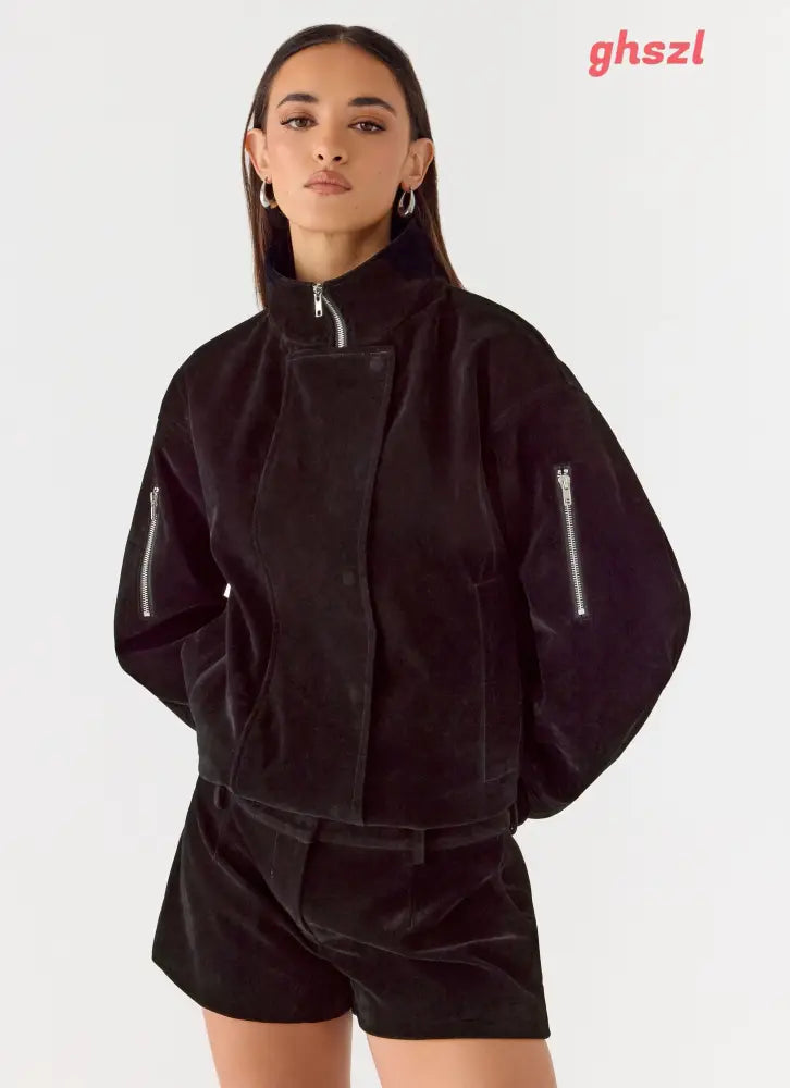 Marlow Faux Suede Jacket - Black - Jackets + Coats