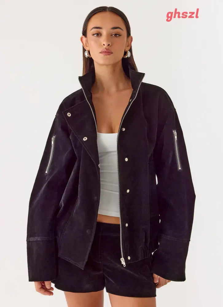 Marlow Faux Suede Jacket - Black - Jackets + Coats