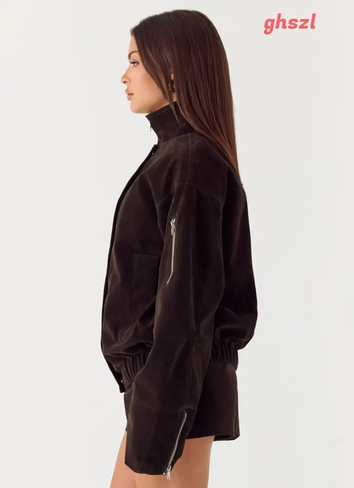 Marlow Faux Suede Jacket - Chocolate - Jackets + Coats