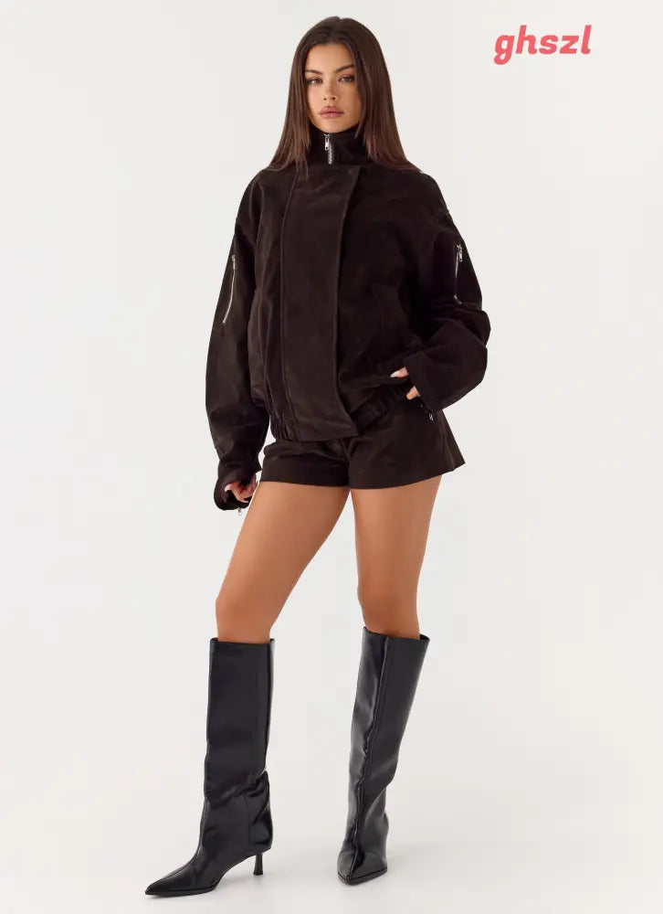 Marlow Faux Suede Jacket - Chocolate - Jackets + Coats