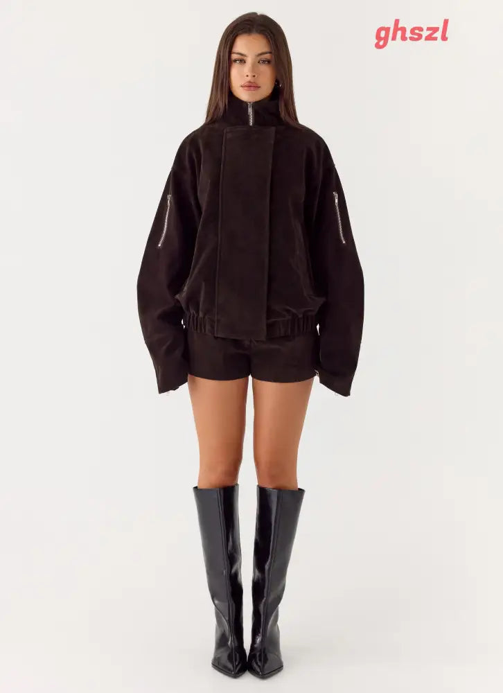 Marlow Faux Suede Jacket - Chocolate - Jackets + Coats