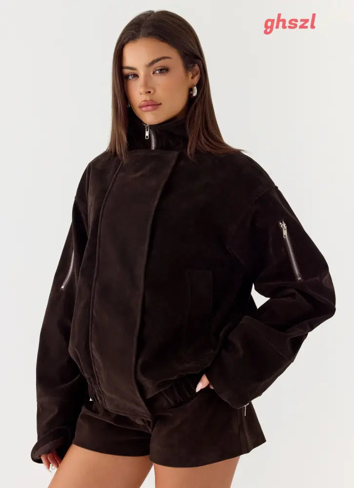 Marlow Faux Suede Jacket - Chocolate - Jackets + Coats