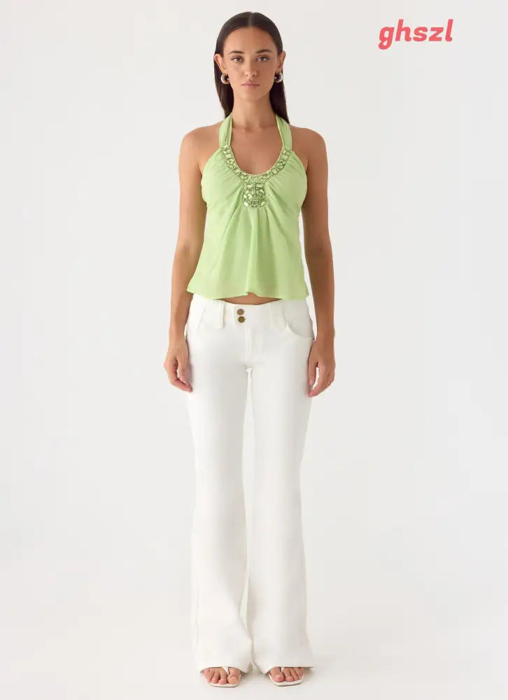 Never Stop Me Embellished Top - Lime - Halter Tops