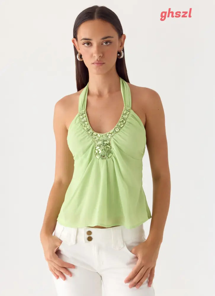 Never Stop Me Embellished Top - Lime - Halter Tops