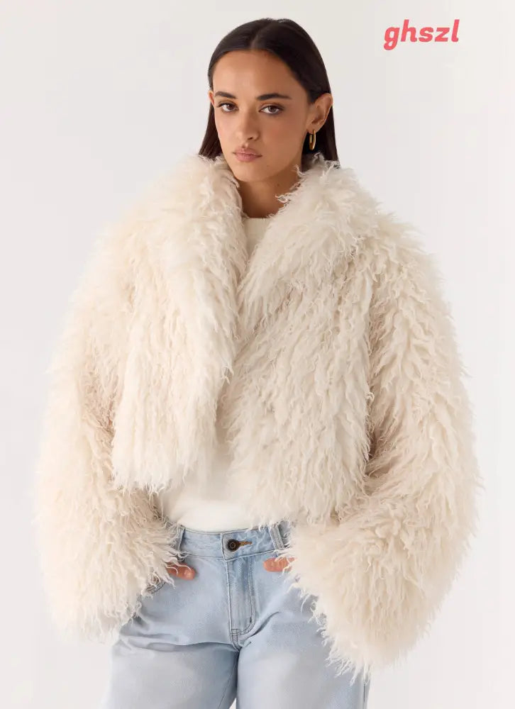 Virginia Cropped Faux Fur Jacket - Ivory - Jackets + Coats