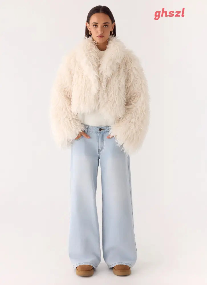 Virginia Cropped Faux Fur Jacket - Ivory - Jackets + Coats