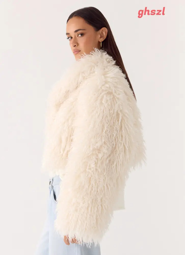 Virginia Cropped Faux Fur Jacket - Ivory - Jackets + Coats