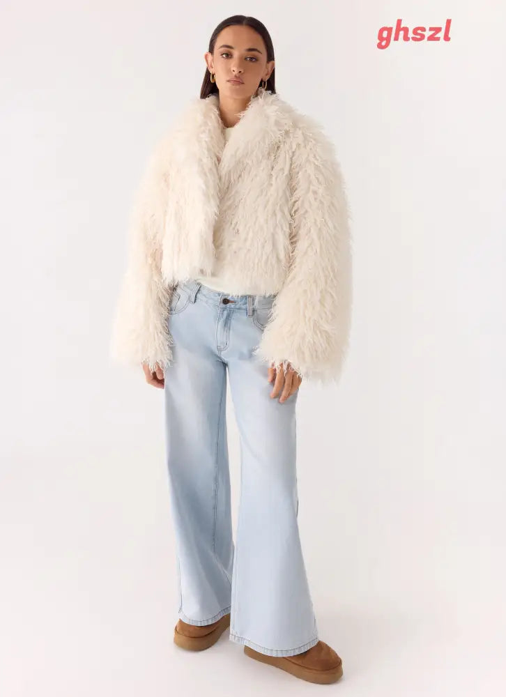 Virginia Cropped Faux Fur Jacket - Ivory - Jackets + Coats