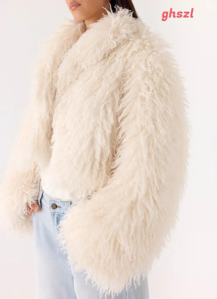 Virginia Cropped Faux Fur Jacket - Ivory - Jackets + Coats