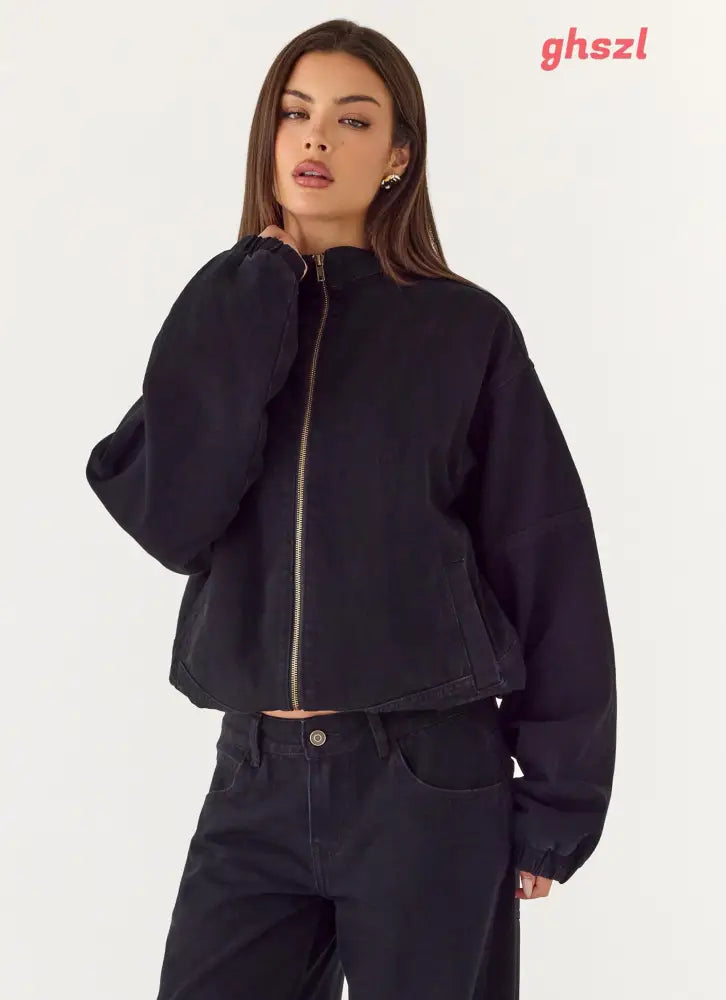 Waylon Denim Bomber Jacket - Black - Denim Jackets